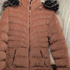Women's Brown Quilted Jacket with Faux Fur Hood